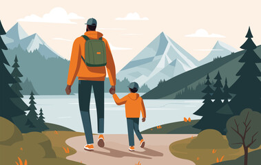 Father and his little son walking outdoor in the mountain forest, Contemporary Trendy Flat vector illustration