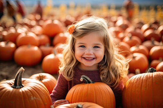 Cute and adorable baby's and kids sit-in in Pumpkin patch with rows of pumpkins in all shapes and sizes, providing the perfect backdrop for fall-themed photos - Generative AI
