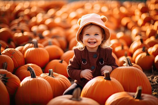 Cute and adorable baby's and kids sit-in in Pumpkin patch with rows of pumpkins in all shapes and sizes, providing the perfect backdrop for fall-themed photos - Generative AI