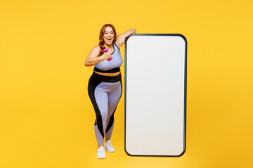 Full body young plus size big fat fit woman in blue top warm up train big huge blank screen mobile...