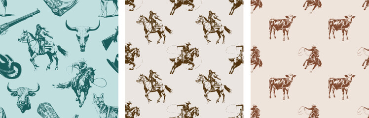 Cowboy Western Boho Wild West Vector Pattern Collection. Different assets Cowboy, Native American, Rifle, Cowboy boots, bull skull, Animals, Coyote