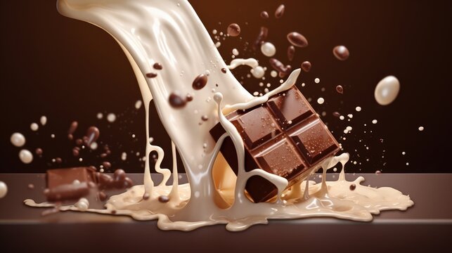 Chocolate bar with milk splash. Chocolate bar falling into milk cream. Product packaging design and advertisement elements concepts. Generative AI