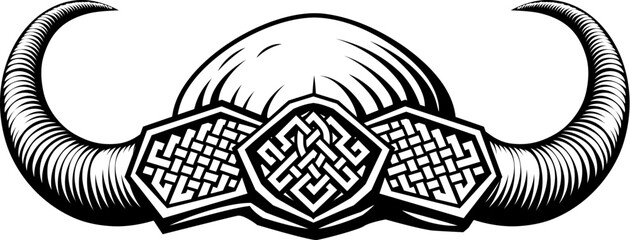A Viking warrior helmet in a vintage retro woodcut style