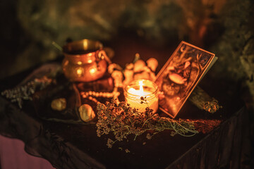 Pagan altar in night. ceremony space.