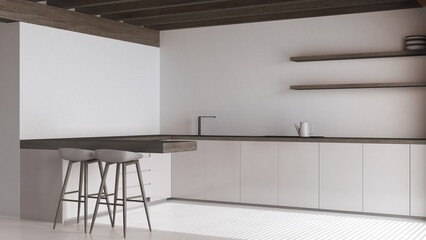 Contemporary dark wooden kitchen in white and beige tones. Island with cabinets and resin floor....