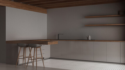 Fototapeta premium Dark late evening scene, contemporary wooden kitchen. Island with cabinets and resin floor. Beams ceiling, japandi minimal interior design