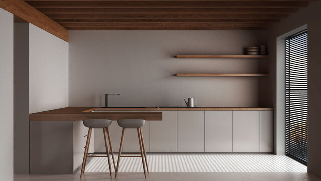 Dark late evening scene, wooden japandi kitchen with resin floor and beams ceilings. Cabinets and island with stools. Minimalist interior design