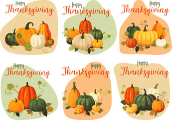 Happy thanksgiving day set of six illustrations with pumpkins on colorful background for stickers