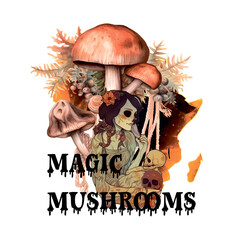 Magic mushrooms. Artwork illustration mushroom watercolour. For printing as logo, brands, mascots, t-shirt, sticker, patch and tattoo