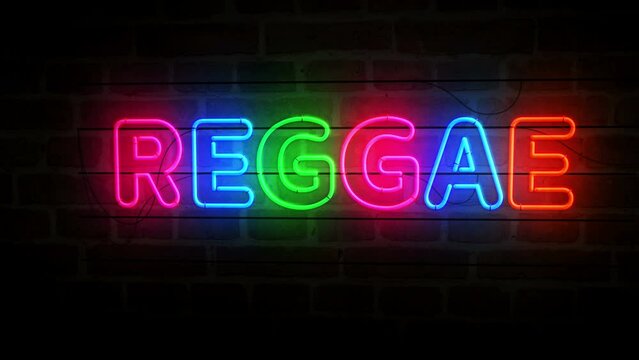 Reggae neon on brick wall. Freedom jamaica culture retro style  light color bulbs. Abstract concept 3d animation.