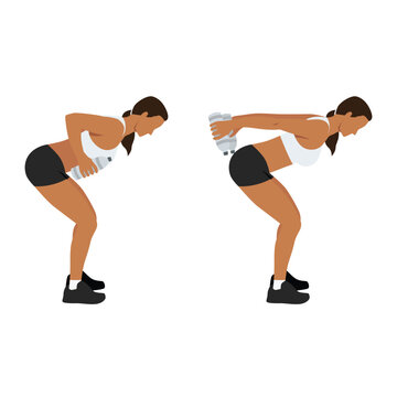 Woman doing Bent over double arm tricep kickbacks with water bottle exercise. Flat vector illustration isolated on white background