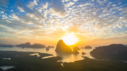 ..Aerial view fantasy cloud scape in sunrise above Samed Nang Chee, Phang Nga .Imagine a fantasy...