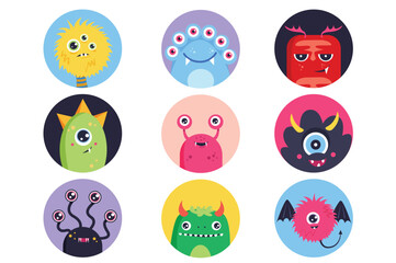 Monsters icons in the flat cartoon design. Different good and evil monsters in color tones and with emotions. Vector illustration.