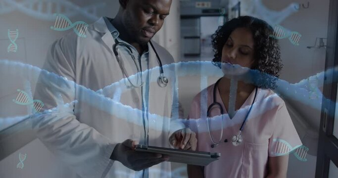 Animation of dna and data processing over diverse doctors in hospital