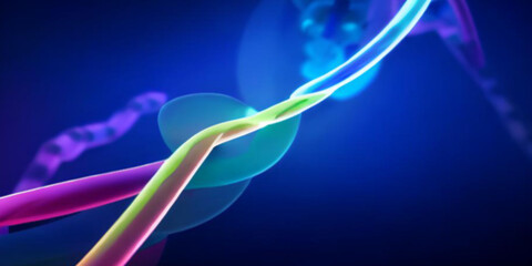 DNA structure abstract medical science background. Fantastic wallpaper with colorful laser rays.