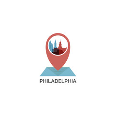 USA United States Philadelphia map pin point geolocation skyline shape pointer vector logo icon isolated illustration. US Pennsylvania Commonwealth emblem idea with landmarks and building silhouettes