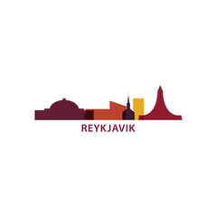 Iceland Reykjavik cityscape skyline capital city panorama vector flat modern logo icon. Seltjarnar Peninsula emblem idea with landmarks and building silhouettes at sunrise sunset - obrazy, fototapety, plakaty