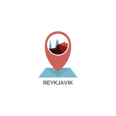 Reykjavik map pin point, geolocation icon, skyline shape vector logo, isolated illustration. Iceland city emblem concept with landmarks and buildings