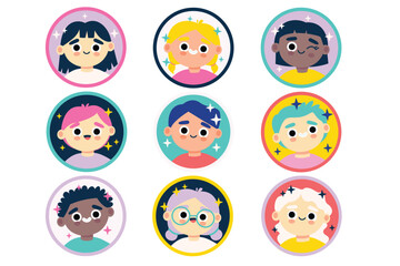 Cute avatars icons in the flat cartoon style. Image of cute fantastic faces of children on a colored background with additional elements. Vector illustration.