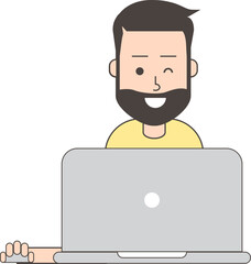 Vector cartoon man half body using laptop
