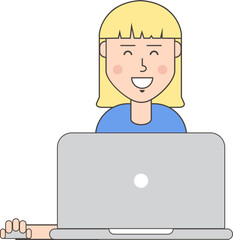 Vector cartoon woman half body using laptop