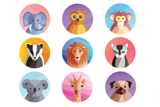 Icons animal avatars icons in the flat cartoon style. Image of cute exotic animals on a colored background. Vector illustration.