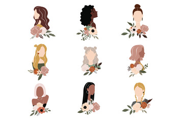 Women with flowers icons in the flat cartoon design. Image of silhouettes of women with different skin color with flowers. Vector illustration.