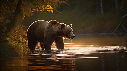 Brown bear grizzly at lake in Alaska - obrazy, fototapety, plakaty