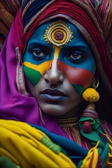 "Portrait of a Woman"
 An exquisite portrait of an Indian woman adorned with intricate multi-colored face painting, reflecting the rich cultural heritage and traditions. of a woman with face painting.