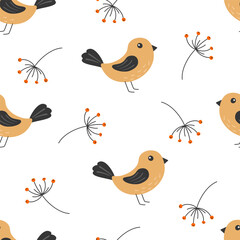 Seamless pattern with cute birds and twigs with berries in cartoon style. Birds in the forest. Vector illustration.