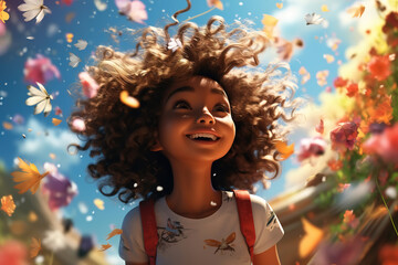 Cheerful joyful african american girl in colorful field of flowers on sunny day, happy afro child schoolgirl outdoors. Carefree childhood illustration, wide angle