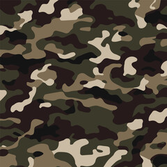 Naklejka premium Camouflage seamless pattern. Trendy style camo, repeat print. Vector illustration. Khaki texture, perfect for military army design