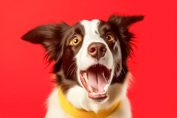 Fototapeta na wymiar Border Collie on color background. Playing and looking happy on red background. Concept of motion, action, movement.