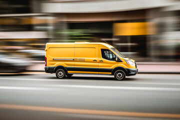 Cargo van with parcels driving in the city.
