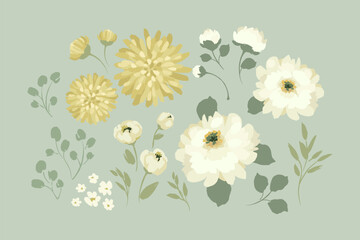 Set of abstract floral design elements. Leaves, flowers, grass, branches. Vector