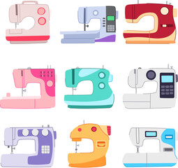 sew machine set cartoon. fabric thread, old factory, tailor clothes sew machine sign. isolated symbol vector illustration