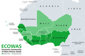 ECOWAS, Economic Community of West African States, member states, political map. Also known as CEDEAO, is a regional political and economic union of 15 countries in West Africa. Isolated illustration. - obrazy, fototapety, plakaty
