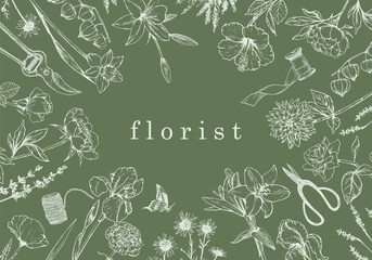 Flower Shop. Florist. Hand-drawn illustration of flowers and objects. Ink. Vector