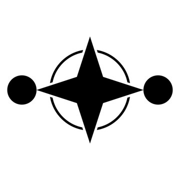 Compass rose in a ring with circles. Four-pointed star with frame and with one circle on the left and one on the right side. Modeled on a crop circle pattern, found at Preston Candover in Hampshire.