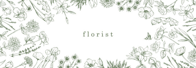 Flower Shop. Florist. Hand-drawn illustration of flowers. Ink. Vector