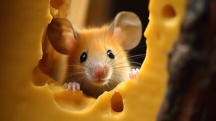 A cute mouse peeking out of a hole in the cheese. Generative AI