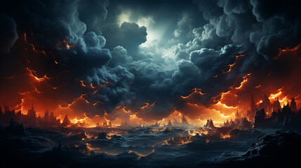 A stormy sky with multiple lightning strikes represents a severe storm. Generative Ai