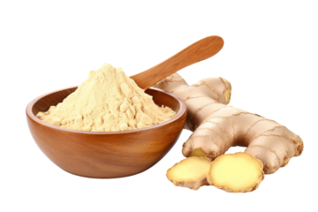  dried ginger powder in a wooden bowl and spoon with rhizome (root) isolated on white background PNG