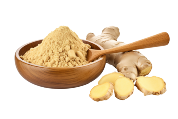  dried ginger powder in a wooden bowl and spoon with rhizome (root) isolated on white background PNG
