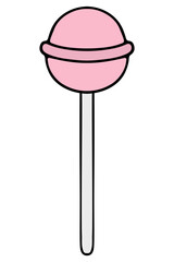 Round pink lollipop. Sweet treat for kids. Color vector illustration. Cartoon style. Isolated background. Delicious caramel. Idea for web design.