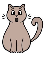 Kitty. Brown cat with a surprised muzzle. Color vector illustration. Mustachioed animal with tail raised up. Cartoon style. Cute pet. Isolated background. Idea for web design.