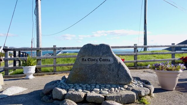 The Na Cloca Cora village stone on Arranmore, County Donegal - Republic of Ireland - Translation: Cloughcor