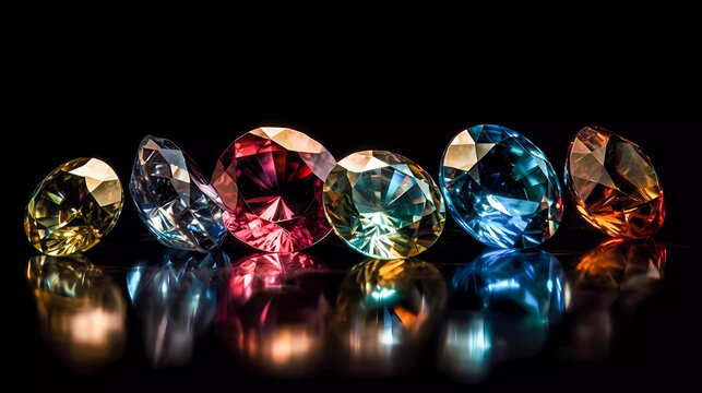 isolated colored diamonds with light reflections, on a black background. Generative AI technology.