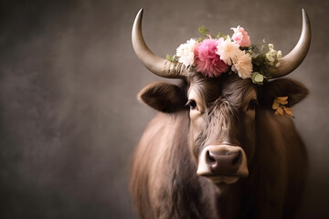 Animal Nature Concept. Buffalo wearing a crown of floral fresh pastel spring wreath flowers, commercial, editorial advertisement, surreal surrealism. copy space
