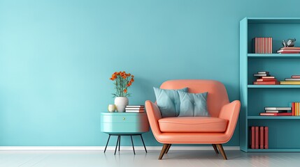orange armchair in blue wall living room, idea for minimal interior backdrop, cheerful bright color,  mockup idea, Generative Ai